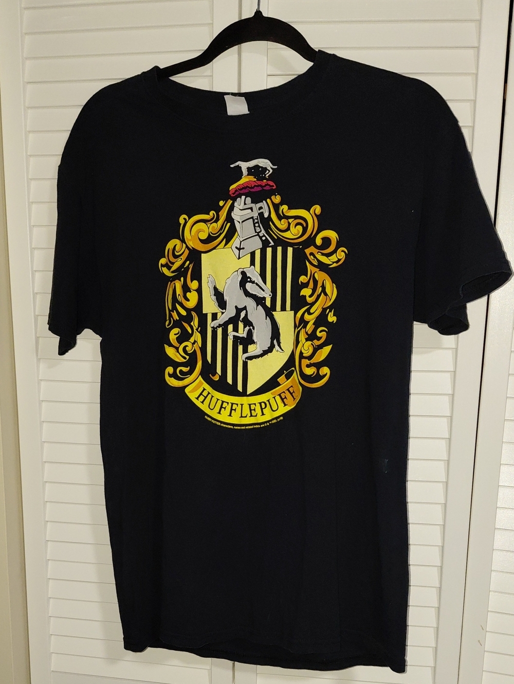 Fruit of the Loom  Black Tee with Yellow Hufflepuff Crest
